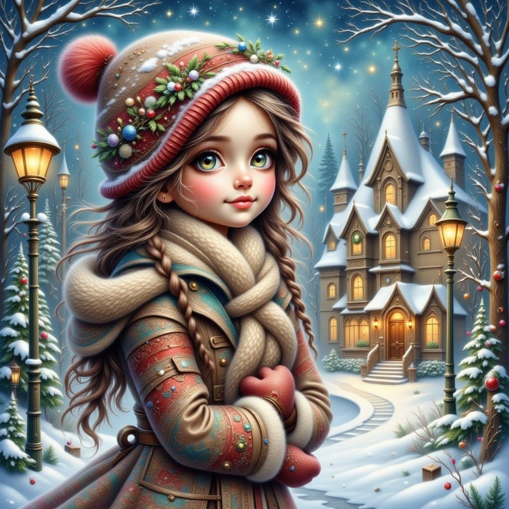 Young Girl in Snowy Village at Twilight Watercolor