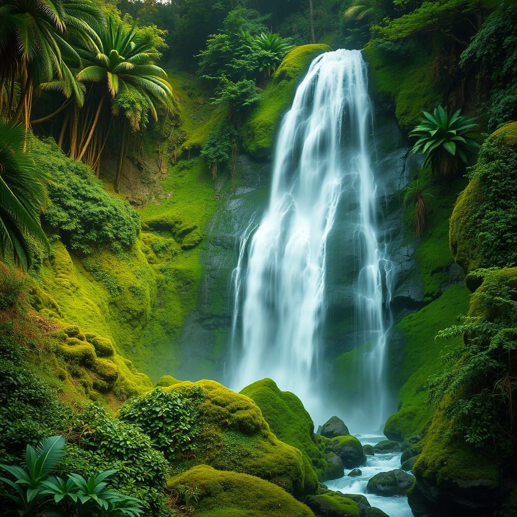 Lush Waterfall in Dreamy Digital Art Style