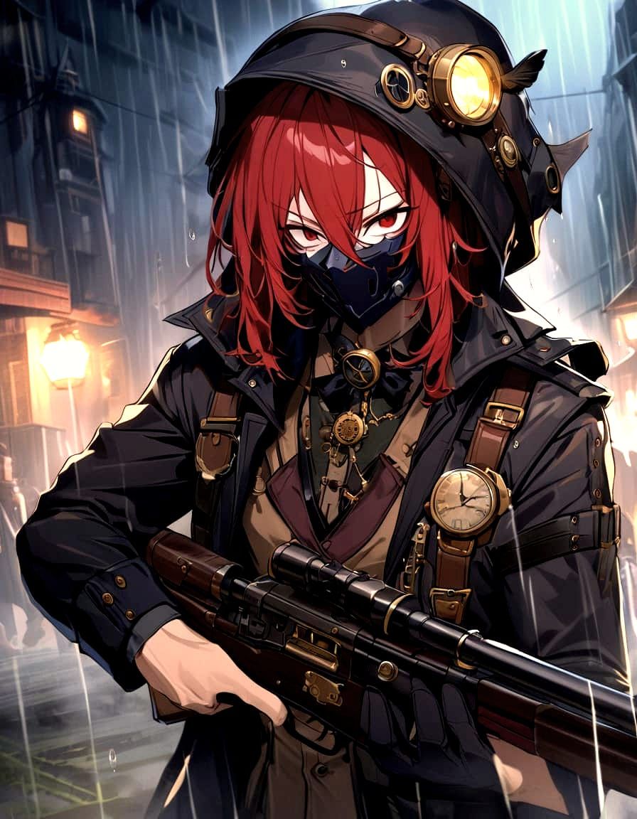 Steampunk Red-Haired Hero in the Rainy Night