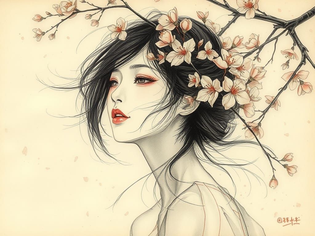 Ethereal Portrait of Asian Woman with Sakura Blossoms