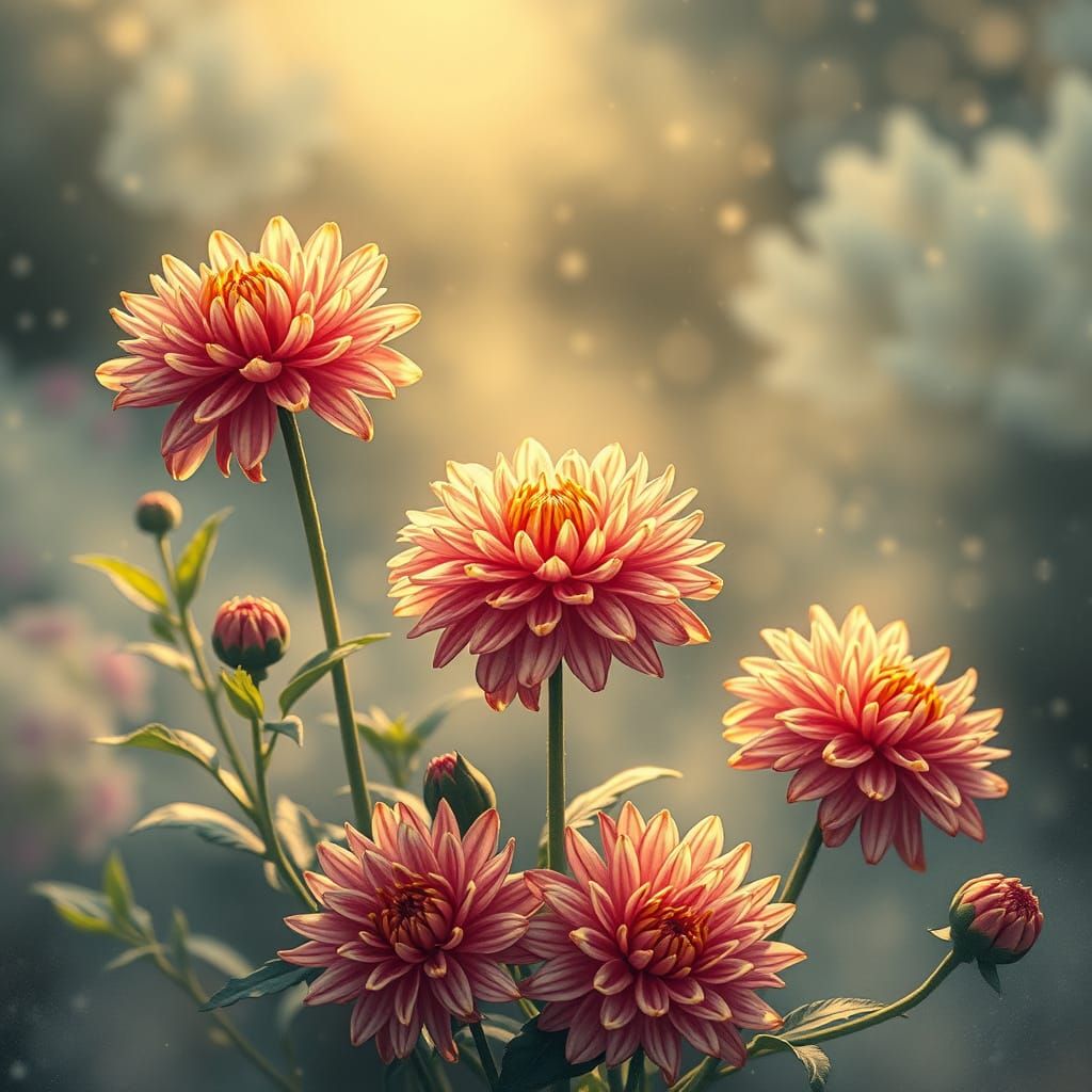 Chrysanthemum in Misty Garden: Ukiyo-e Style