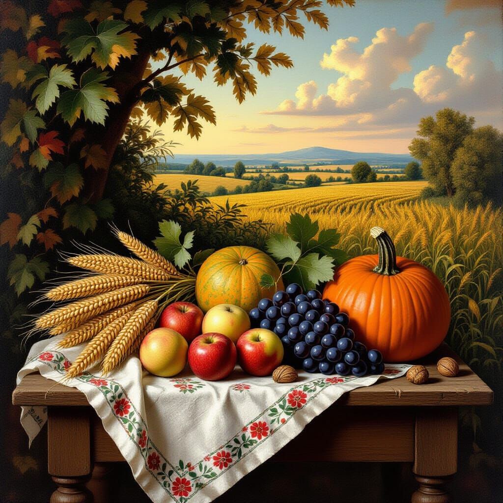 Still Life with Fruit and Grains in Pre-Raphaelite Style