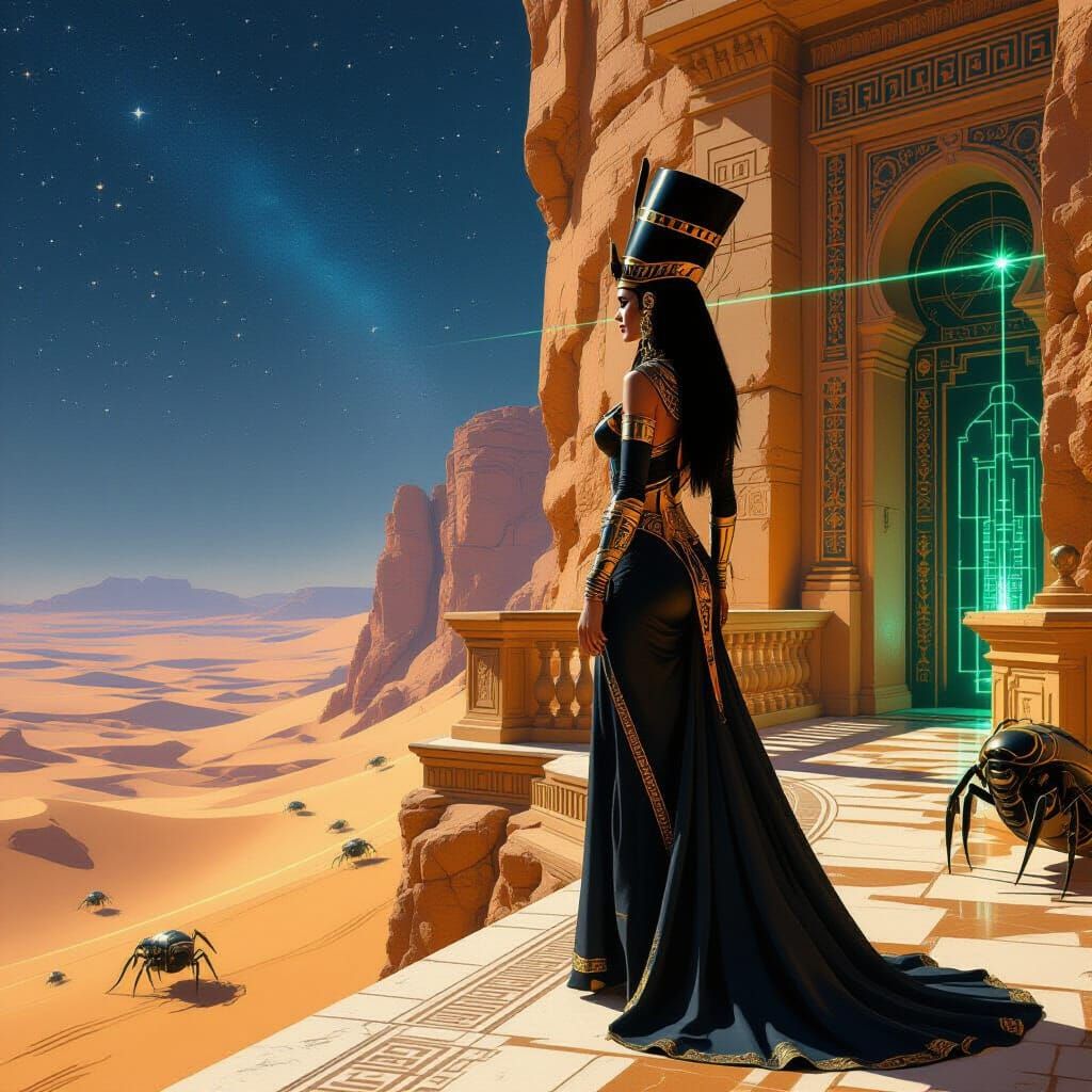 Regal Egyptian Queen Supervillain in Desert Palace