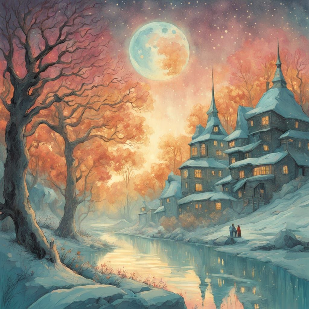 Winter Sunset Impasto Painting with Gold Accents