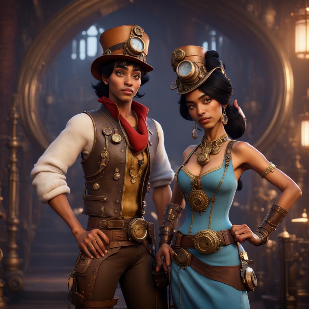 Disney's Aladdin & Jasmine dressed as Steampunks. 8K resolution Unreal Engine 5