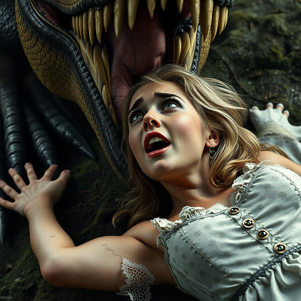 Terrified Blond and T-Rex in Dark Fantasy Art