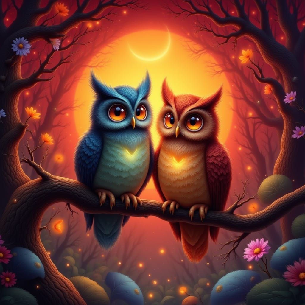 Two owls sits on a branch
