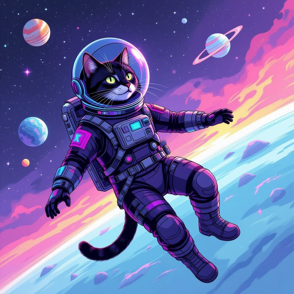 Cosmic Cat Astronaut Among the Stars in Retro Sci-Fi