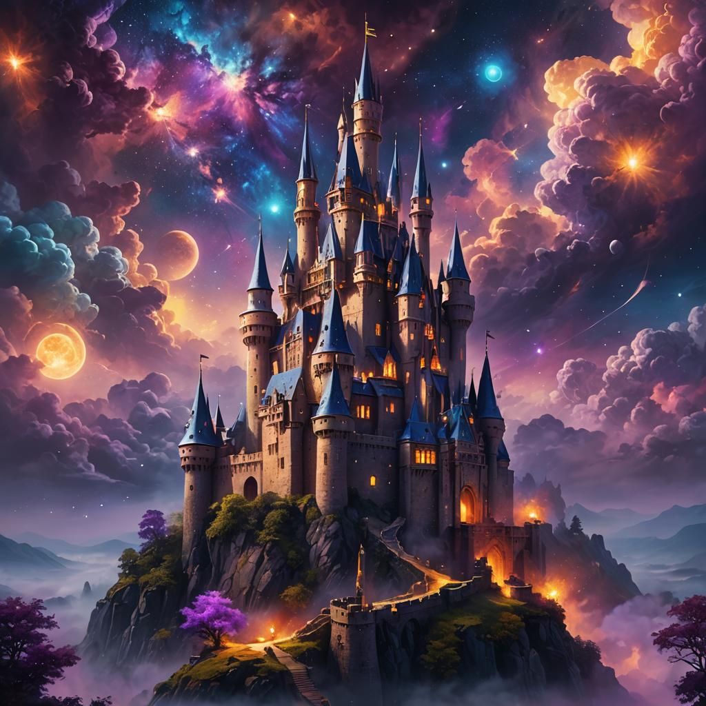 Galactic Castle: A Triadic Oil Painting