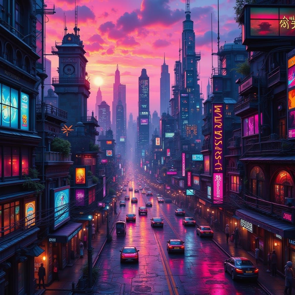 Cyberpunk Fae in a Dark Neon Cityscape