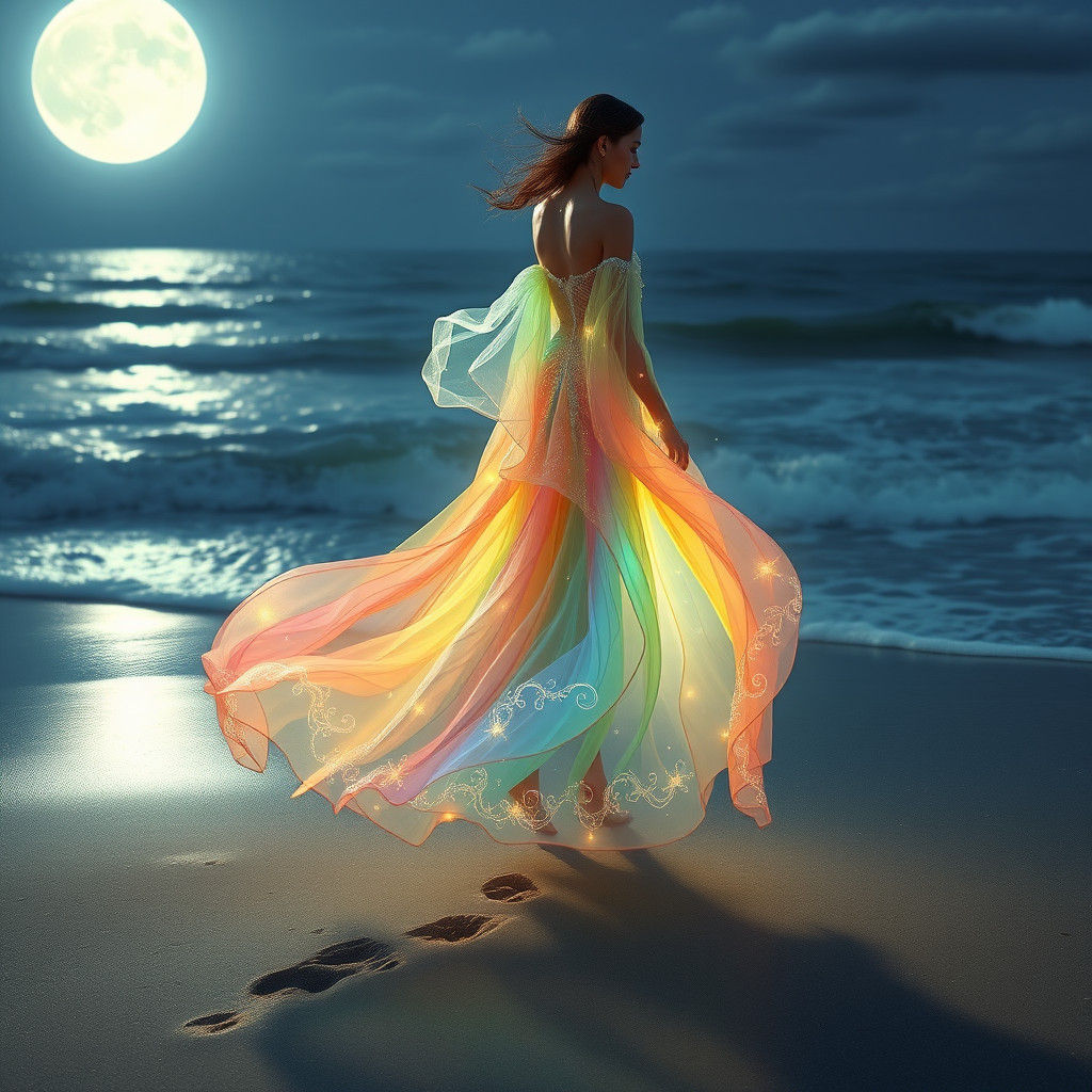 Ethereal Goddess Emerges from Moonlit Ocean