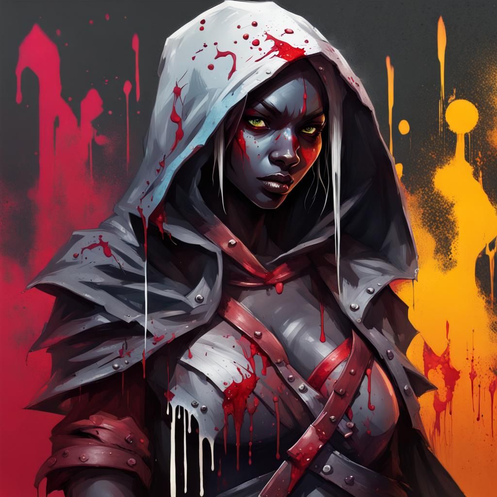 Bloodied Drow Assassin in Polychromatic Graffiti Art