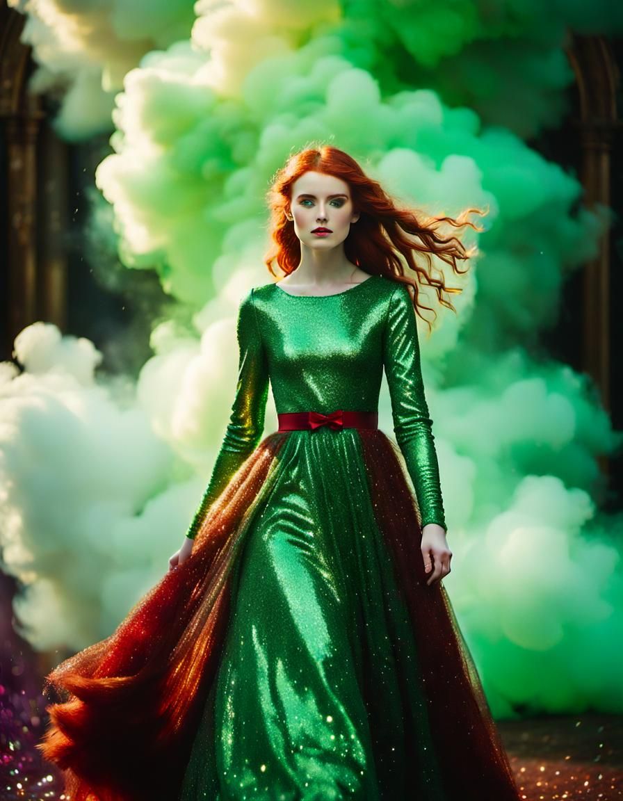 Redhead in Green Gown Amidst Glittering Cloud