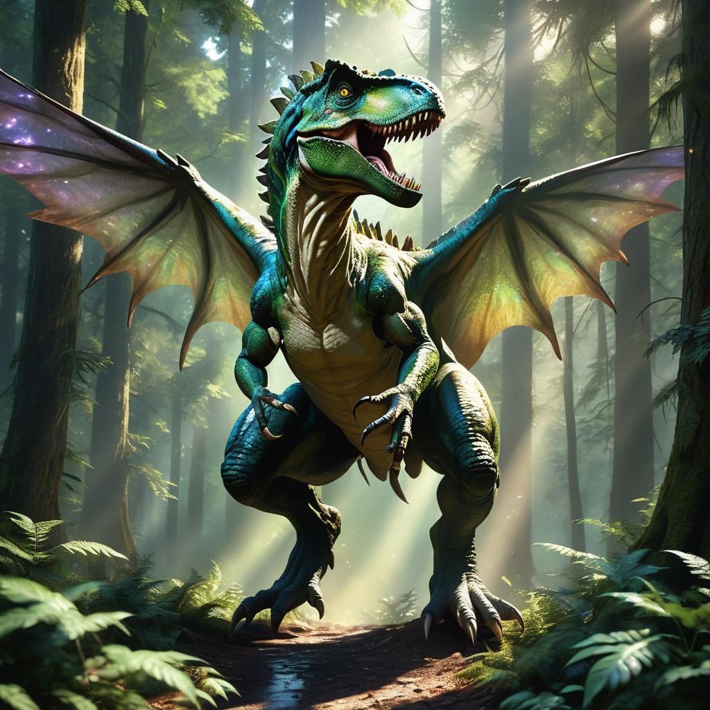 Fairy-Tyrannosaurus Rex Hybrid Soars Through Vibrant Forest