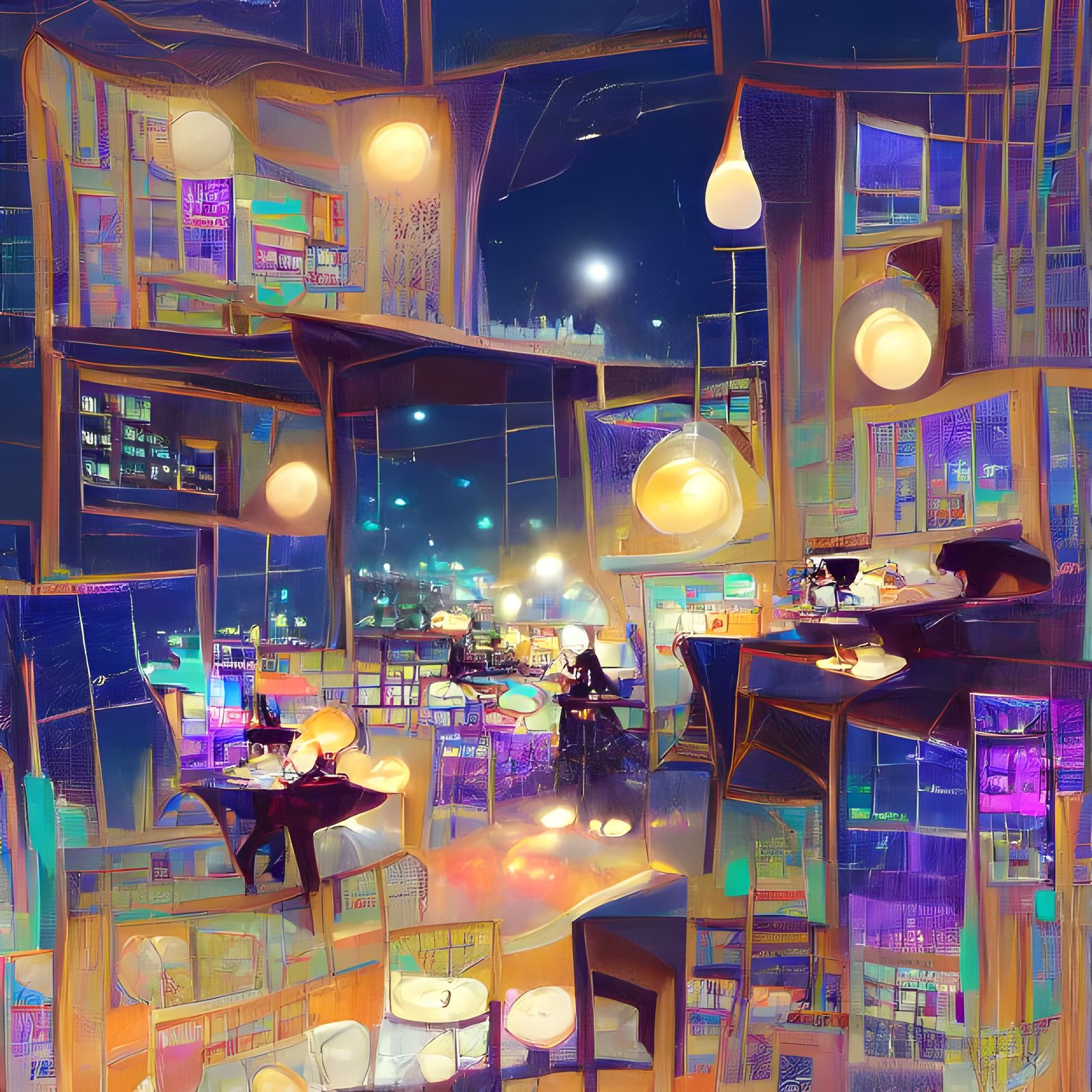 Vibrant Geometric Night Cafe: Detailed Digital Art
