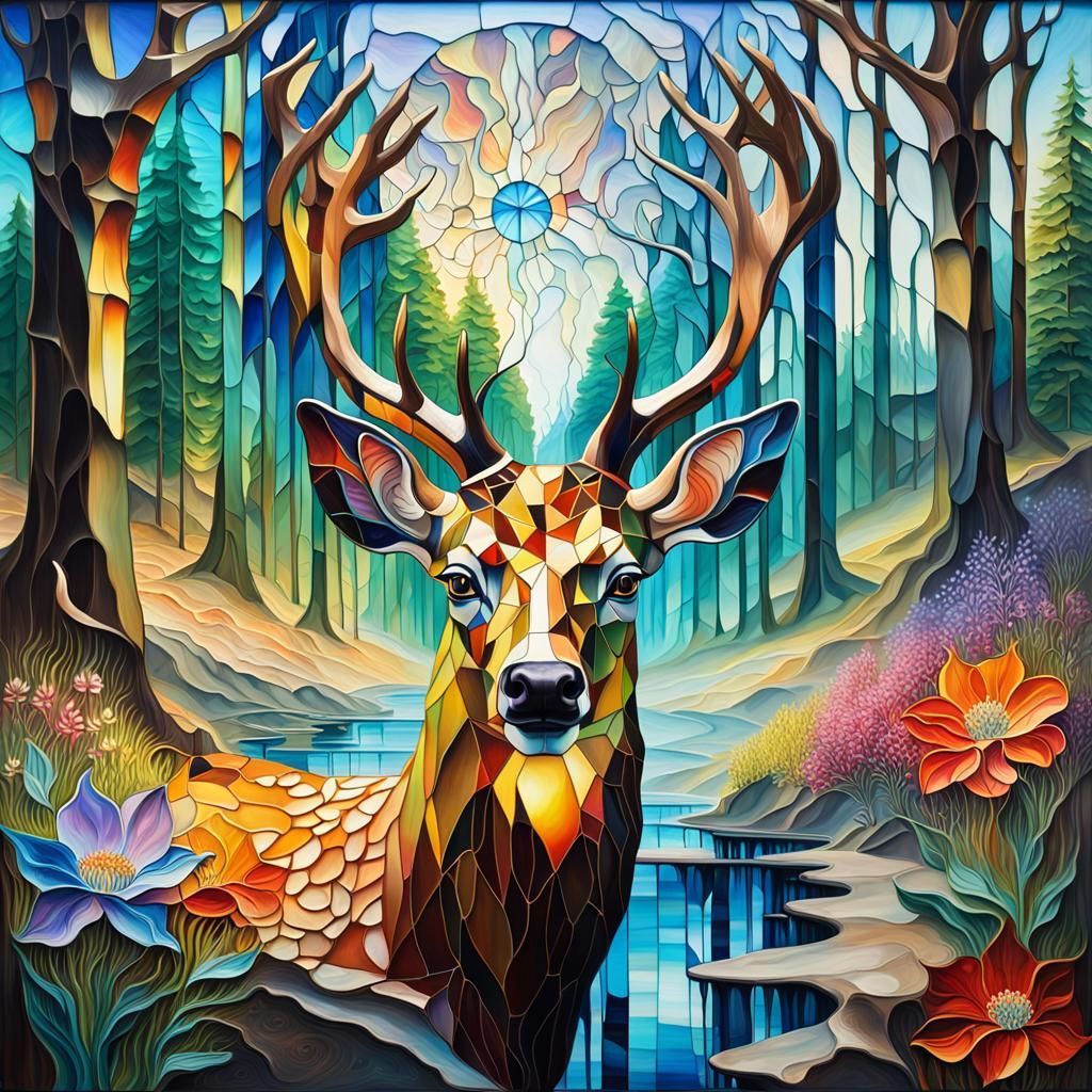 Melting Stained Glass Deer Head in Dreamlike Forest