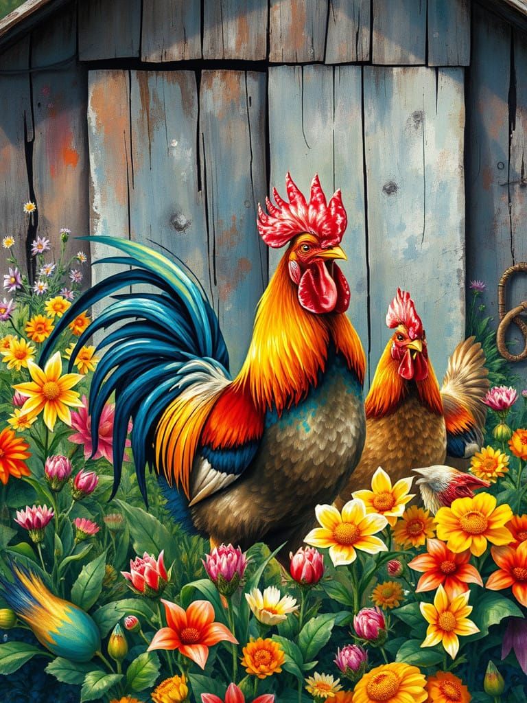 Vibrant Rooster Amidst Spring Blooms in Whimsical Fantasy La...