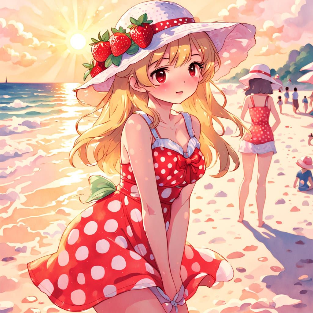 Whimsical Beach Scene in Soft Impressionist Anime Style