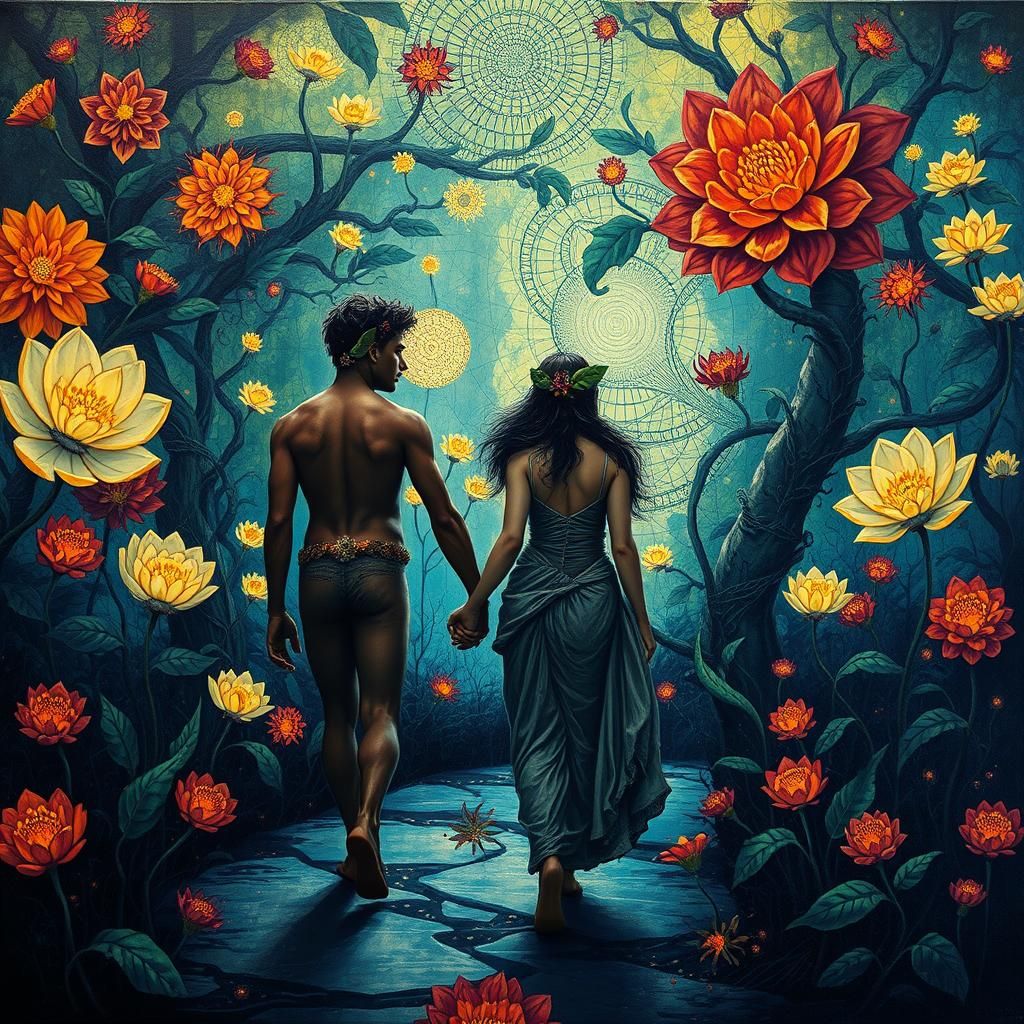 Adam and Eve in Surreal Garden of Eden