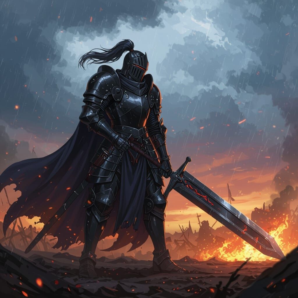 Black Knight on Battlefield in Anime Style