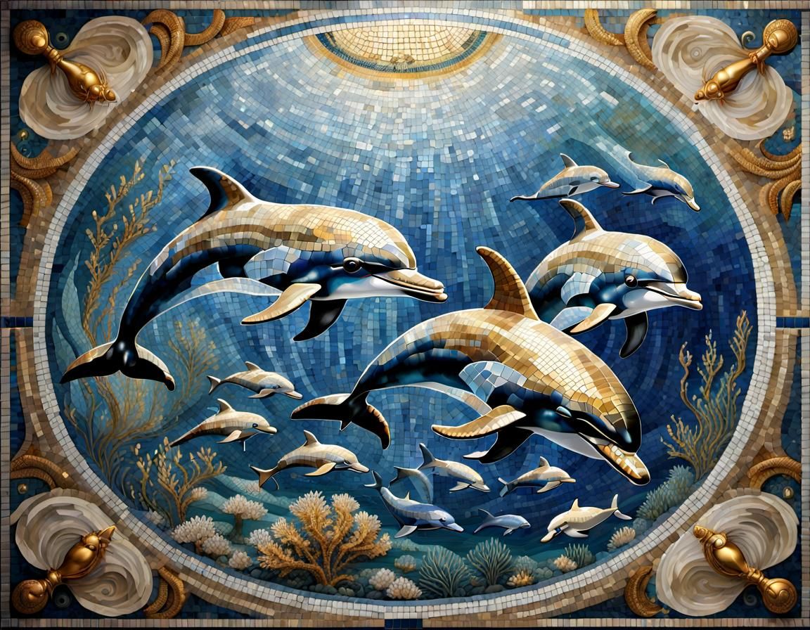 Dolphin Roman Mosaic in Hyperrealistic Style