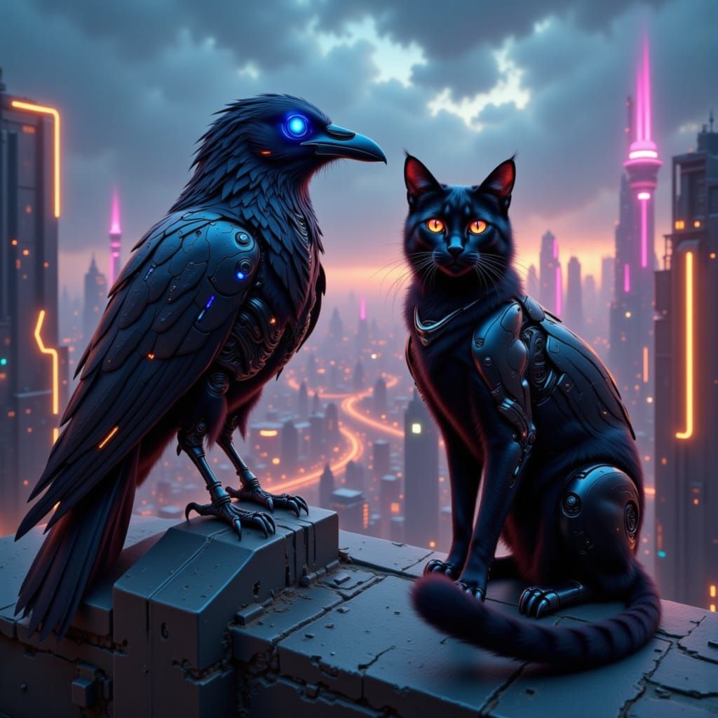 Cyborg Raven and Cat on Futuristic Rooftop