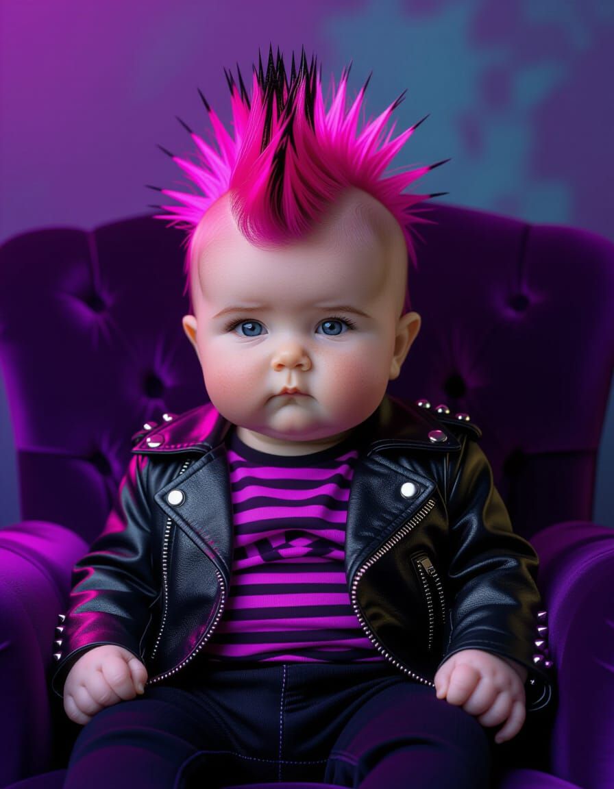 Goth Baby in Pink Mohawk on Armchair Photograph