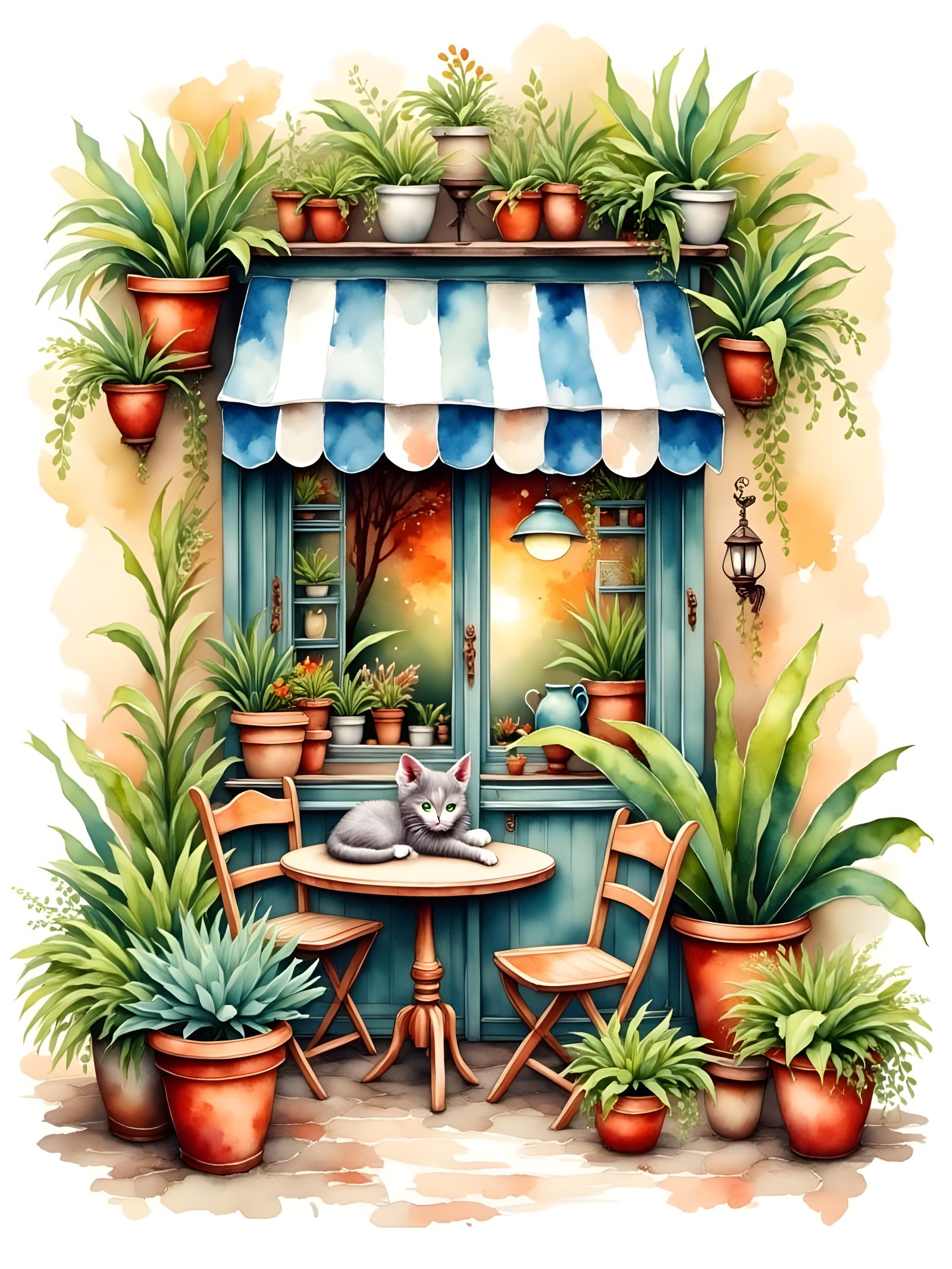 Whimsical Watercolor Café Scene with Cat