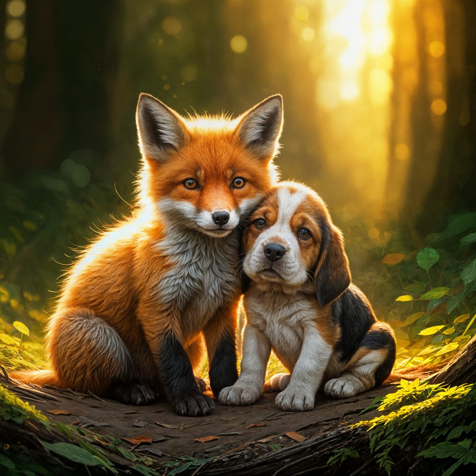 Adorable Fox Cub and Puppy Cuddle in Forest