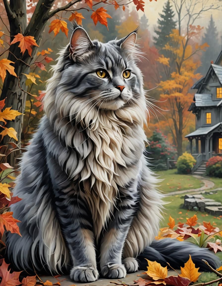Fluffy Grey Cat in Autumn, Gouache Impressionist Style