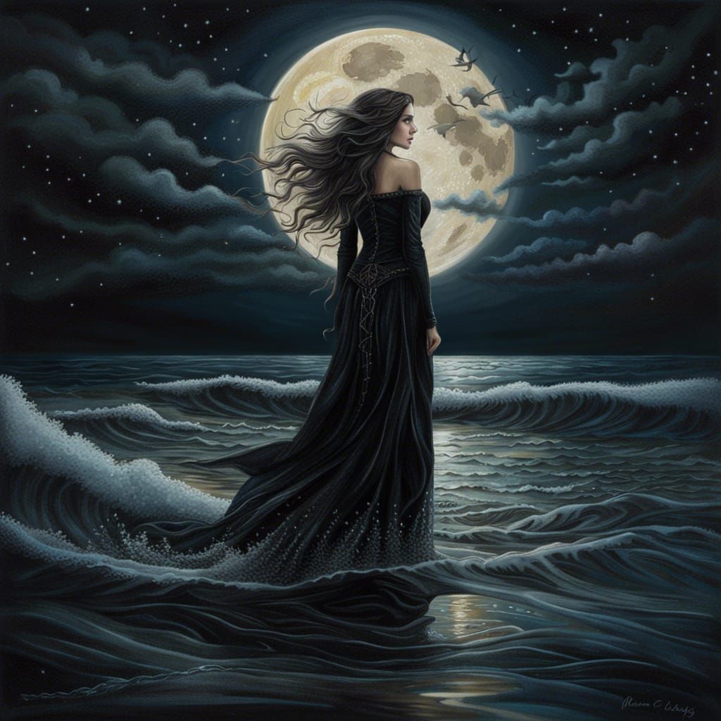 Kind Sea Witch Under Moonlight, Detailed Oil Painting