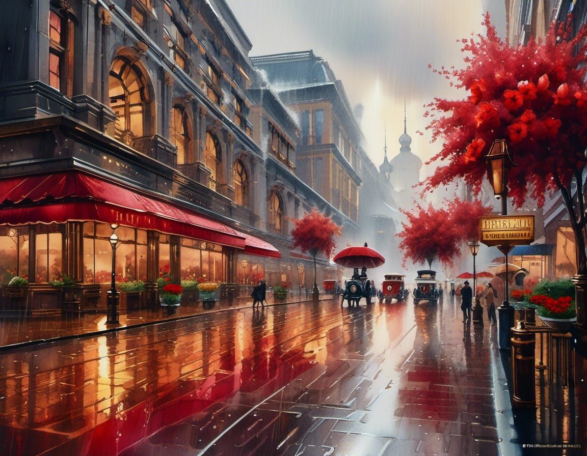 Steampunk Cityscape in Rainy Watercolor Painting