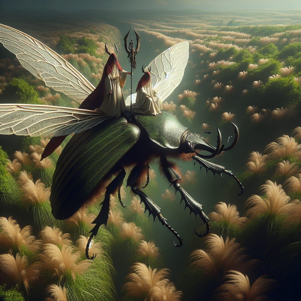 Druids on Hybrid Beetle Soaring Over Verdant Landscape
