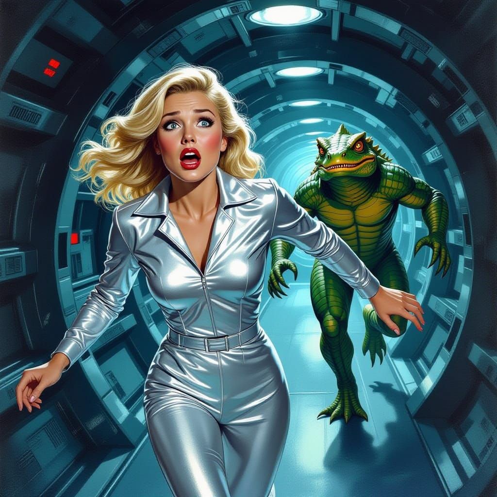 Terrified Woman Flees Lizard Man in Retro Sci-Fi Art