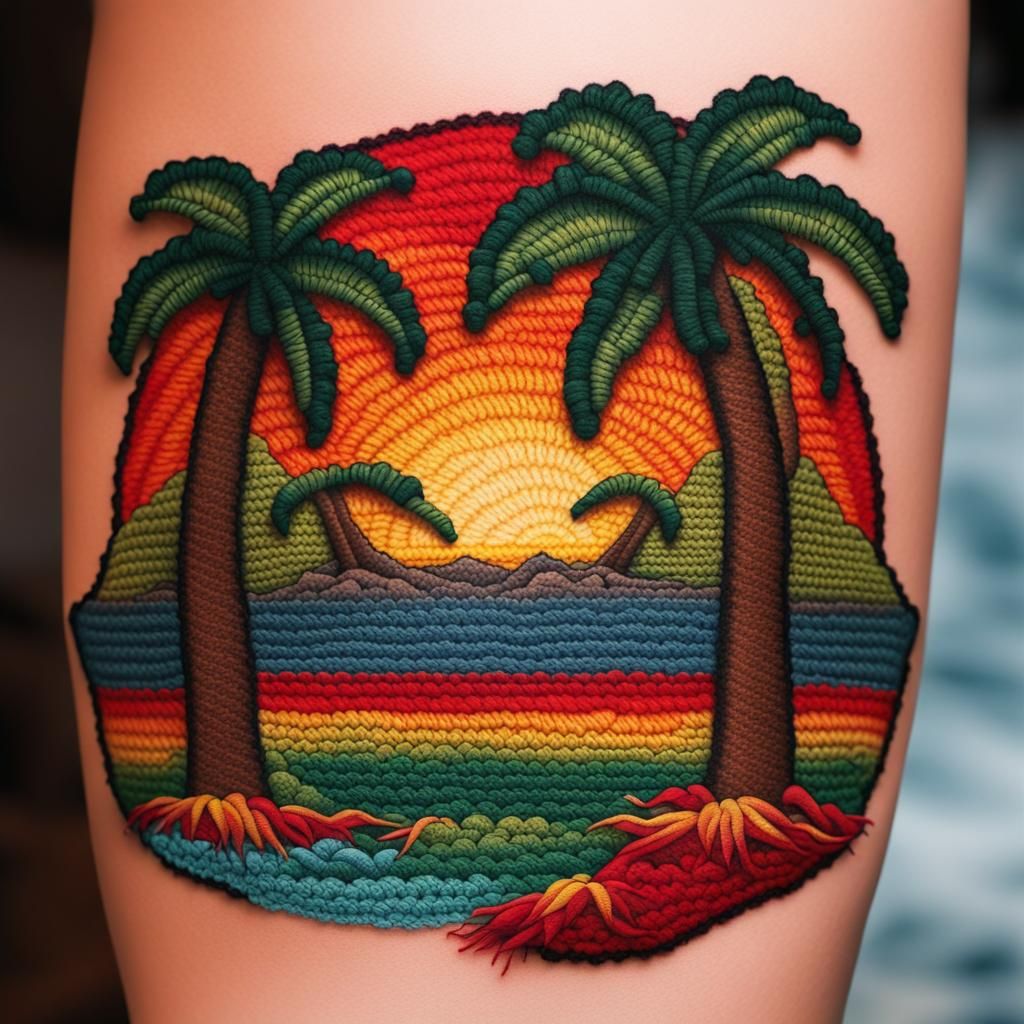 crochet tattoo of Multiple Coconut trees on the ocean shore during sunset with red, yellow and green colors
