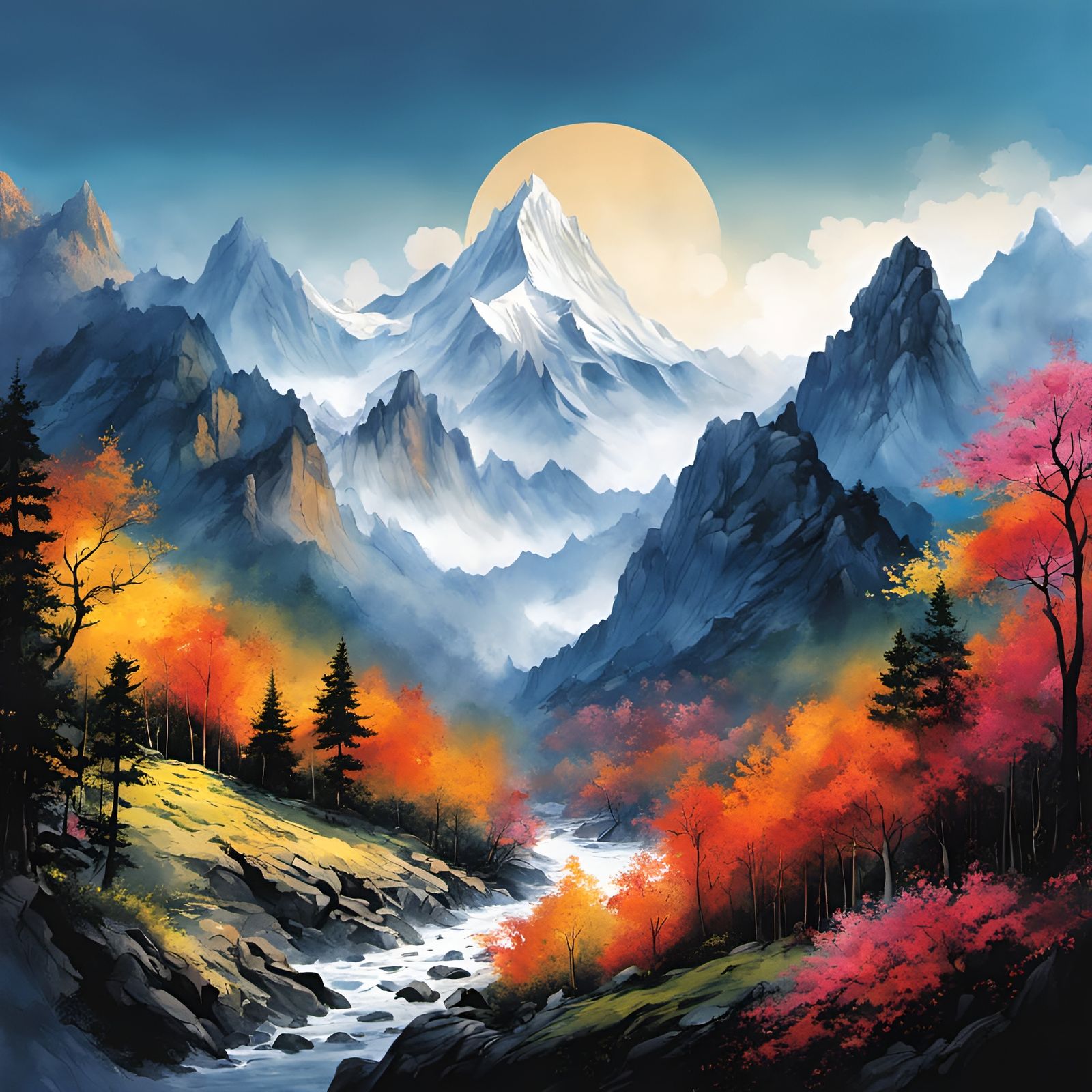 Wonderful Mountain Landscape in Watercolor Style