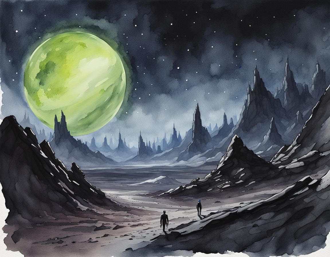 Watercolour of an alien planet at night