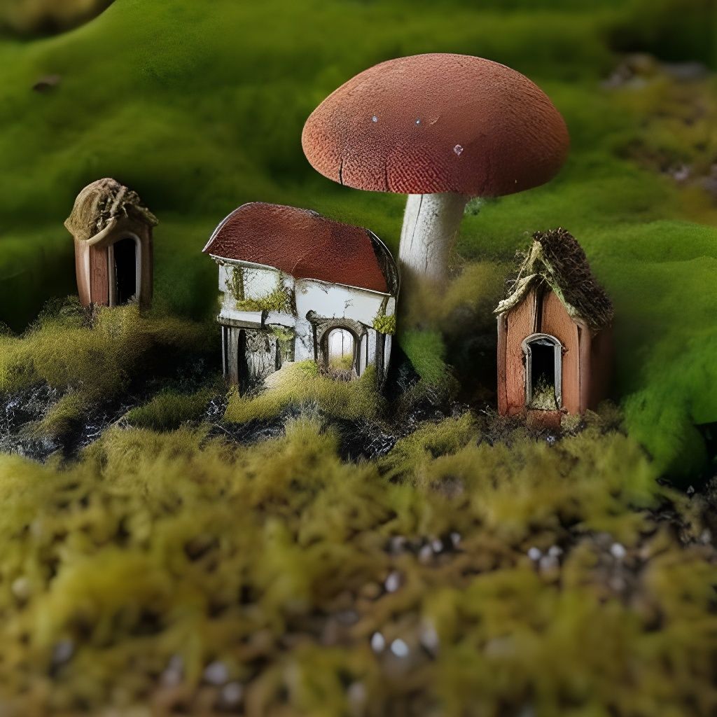 Miniature Village Overgrown with Mushrooms and Moss
