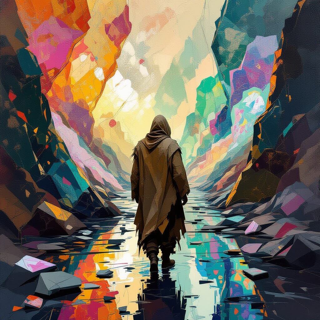 Surreal Figure in Shattered Geode Landscape