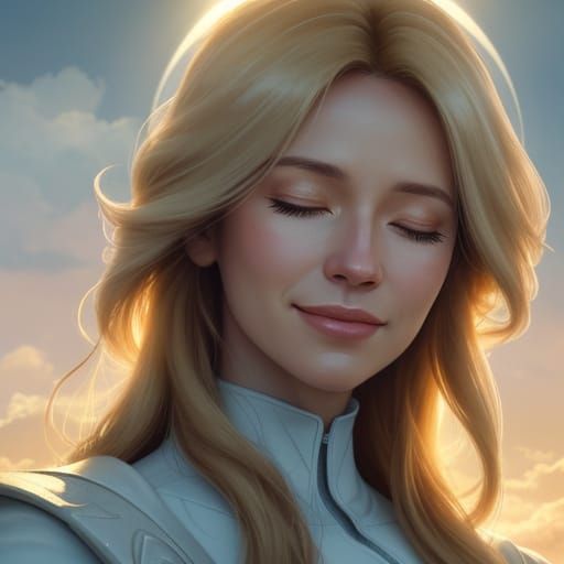 Ethereal Woman in Clouds with Golden Light