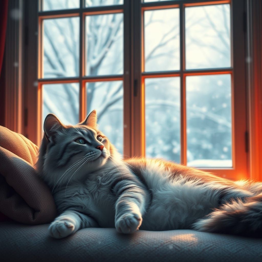 Grey and White Cat in Winter Wonderland Scene