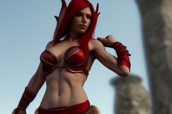 Red Elf Warrior Woman with Visible Abs