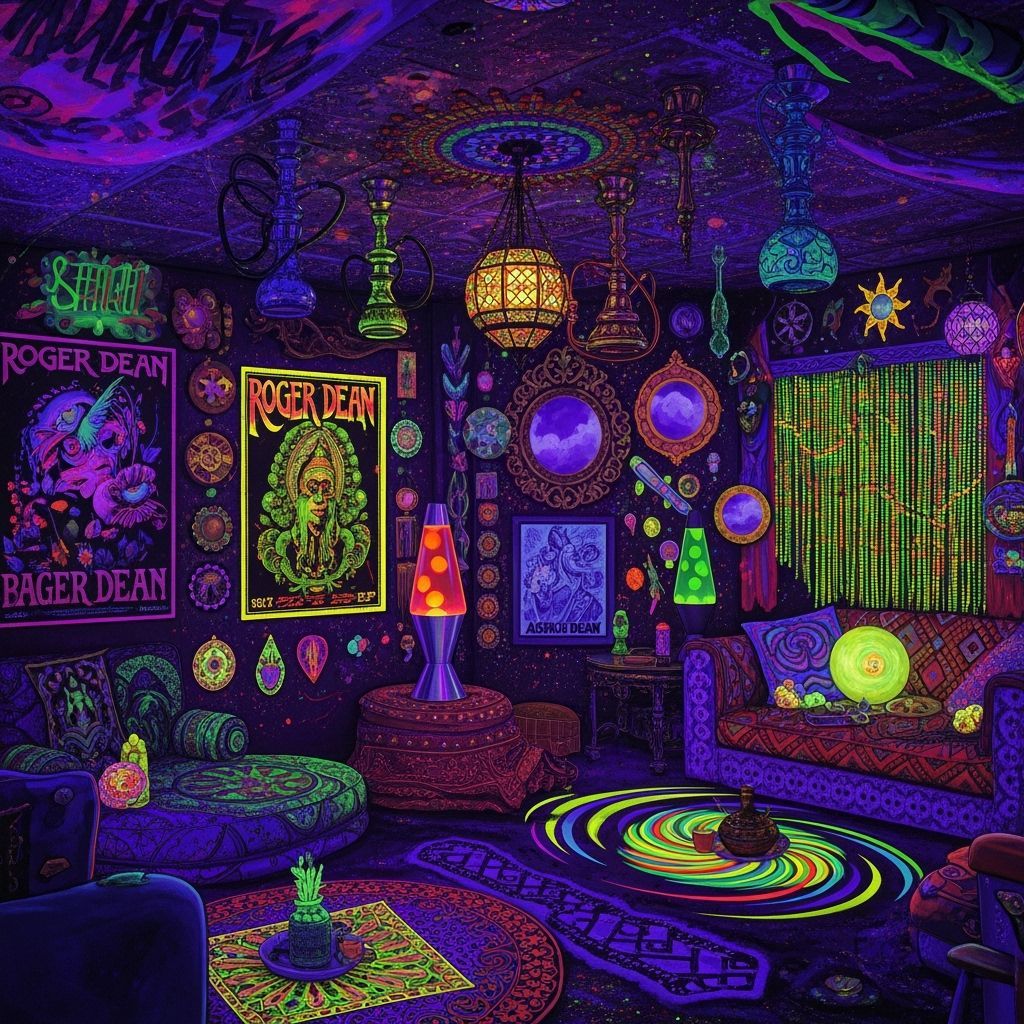 Psychedelic Hippie Room with Blacklight and Bohemian Decor