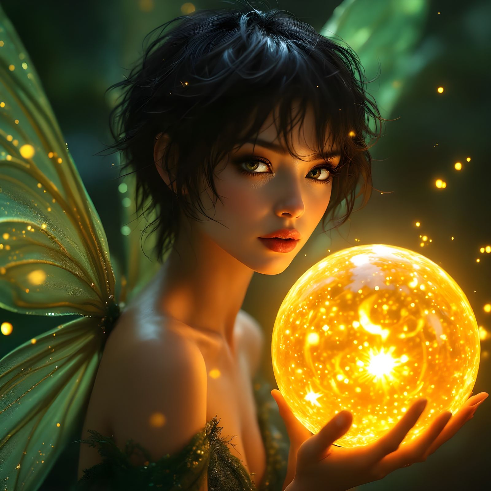 Hyperrealistic Fairy Queen Gazing into a Glowing Orb