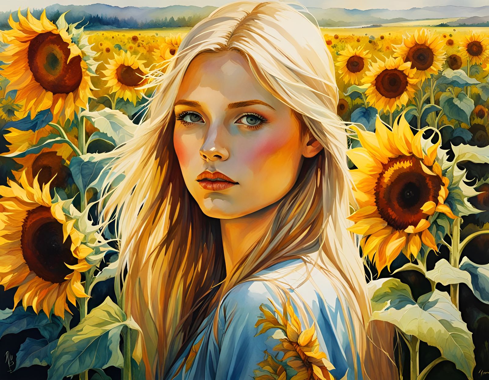 Norwegian Girl in Sunflower Field as Watercolor Painting