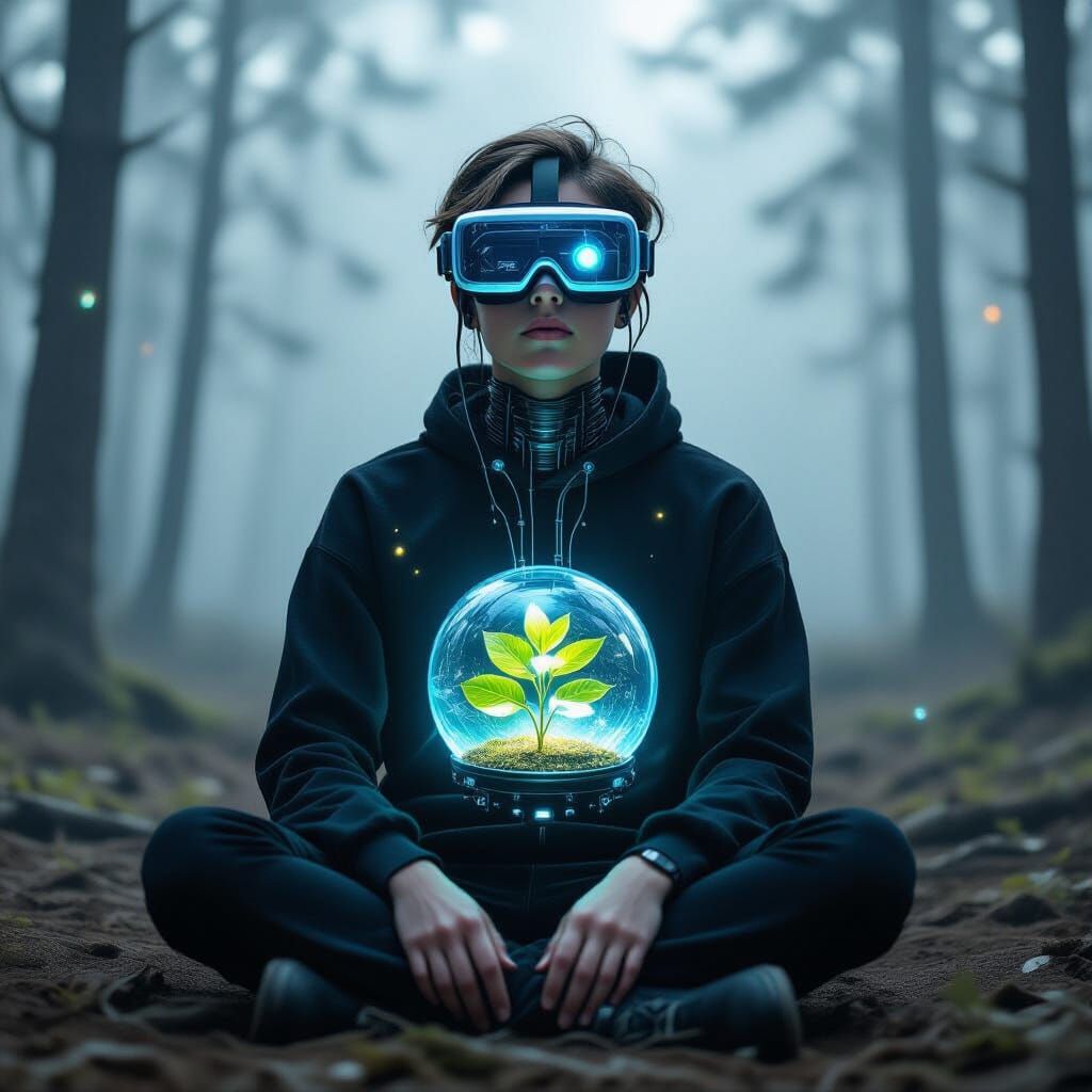 Cybernetic Human with Plant Heart in Foggy Forest