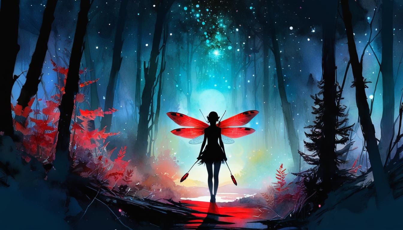 Darkly clad fairy with red dragonfly-esque wings alt2