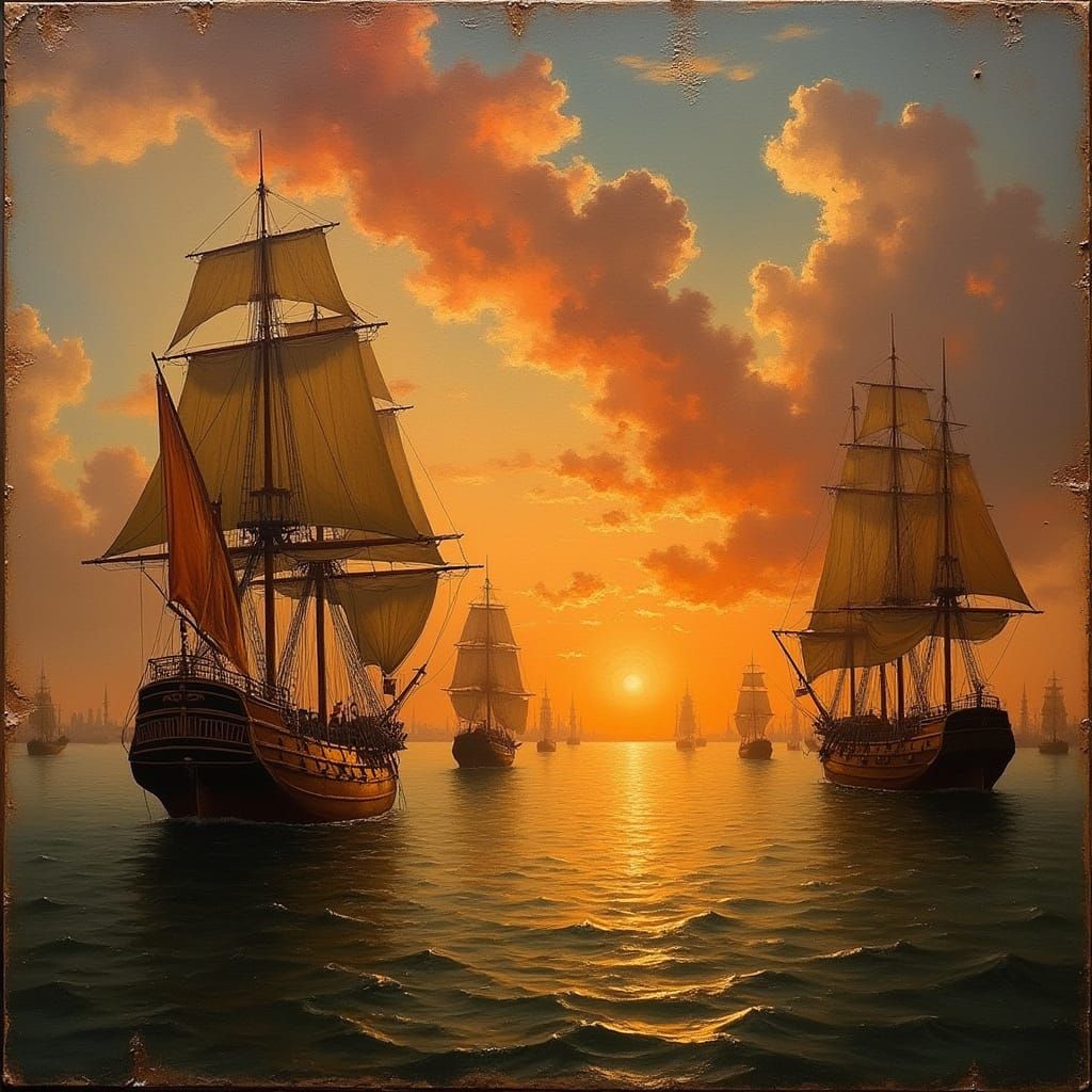 Majestic Renaissance Harbor Scene with Oil Paint Brushstroke...