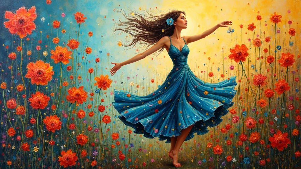 Dancing Figure in a Whimsical Neo-Impressionist Garden