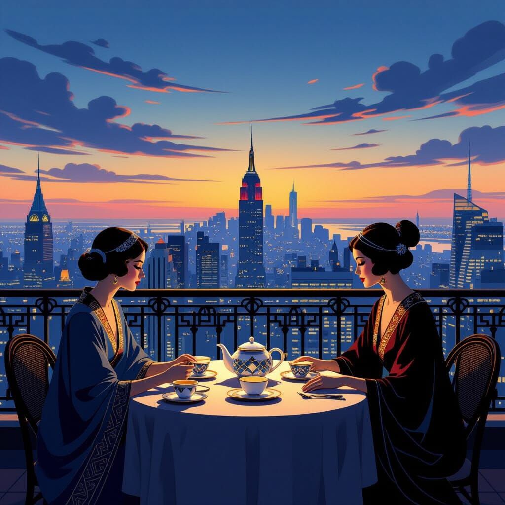 Art Deco Tea Ceremony Overlooking Cityscape at Twilight